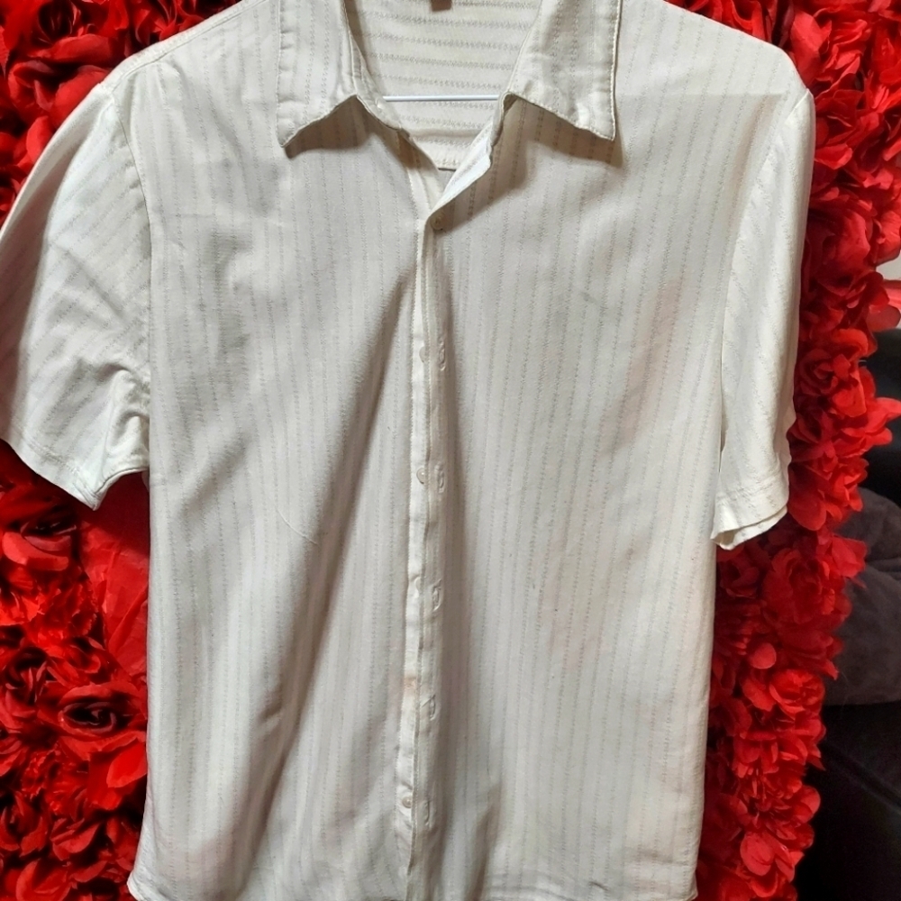 Calvin Klein White & Gray Stitch Stripe Detail CasualDress Shirt Short Sleeve ⬇️